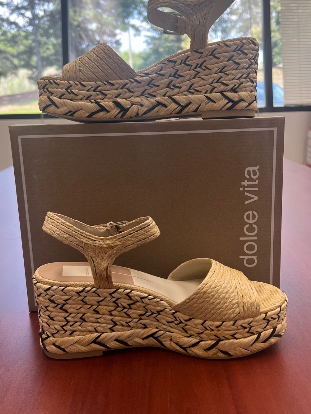 Dolce Vita Tan Woven Raffia Platform Wedge Sandals